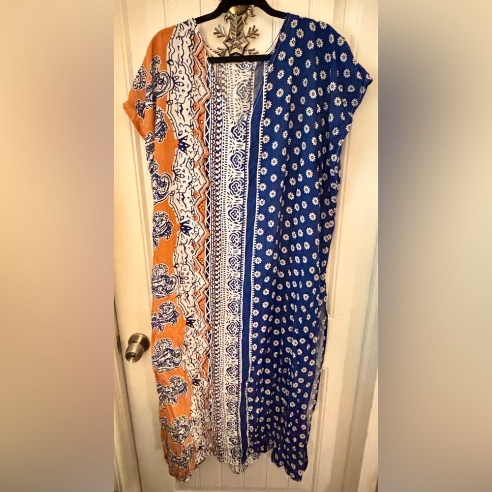 🇺🇸 Boho Patchwork Maxi Dress Swim Cover-Up Blue Orange Print - Picture 2 of 4